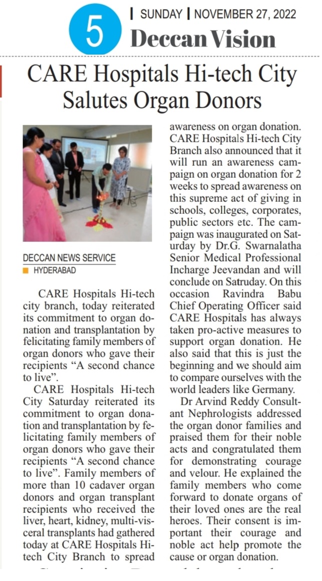 CARE Hospitals HITEC City Felicitates Organ Donors on the Occasion of National Organ Donation Day